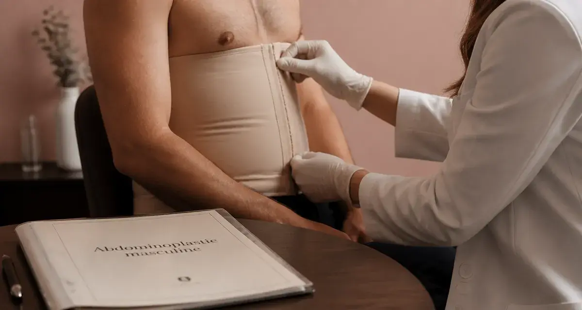 Abdominoplastie homme : gaine de compression sur toile de consultation médicale
