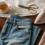 comment retrecir de taille jean coton flat lay