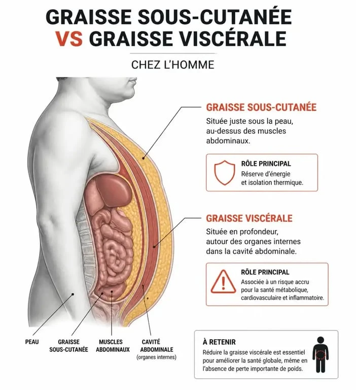 Schéma anatomique expliquant la différence entre graisse sous-cutanée et graisse viscérale lors d'une abdominoplastie homme