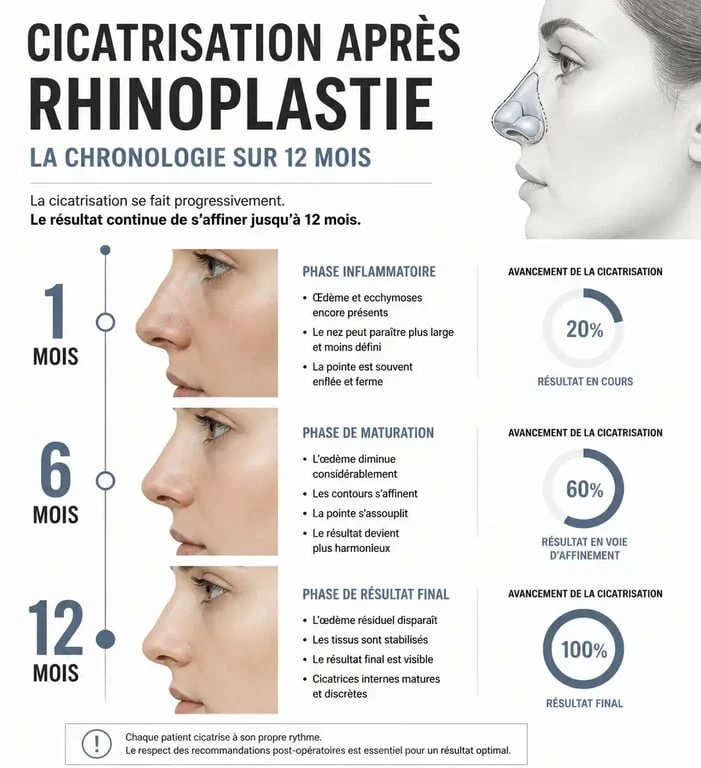 Chronologie des résultats d'une rhinoplastie avant et après : étapes de la cicatrisation sur 12 mois.