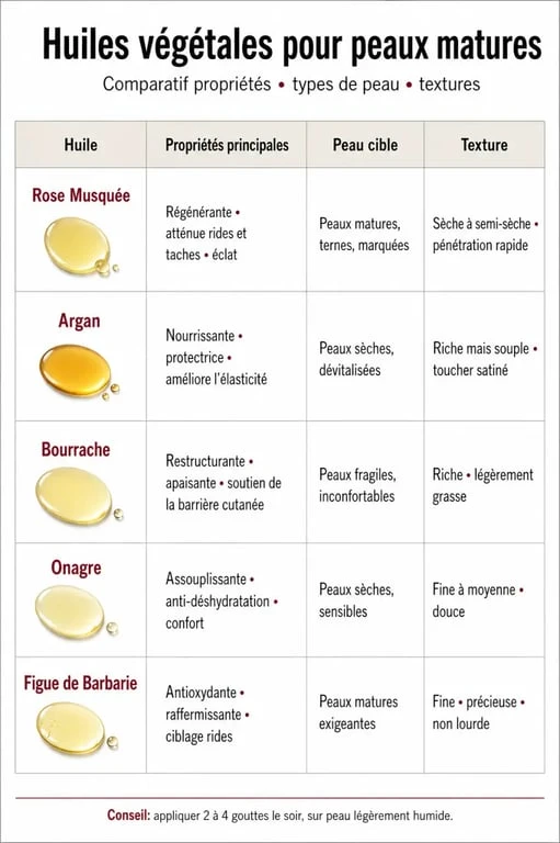 Infographie comparative des meilleures huiles visage pour peau mature : Rose Musquée, Argan, Bourrache, Onagre et Figue de Barbarie.