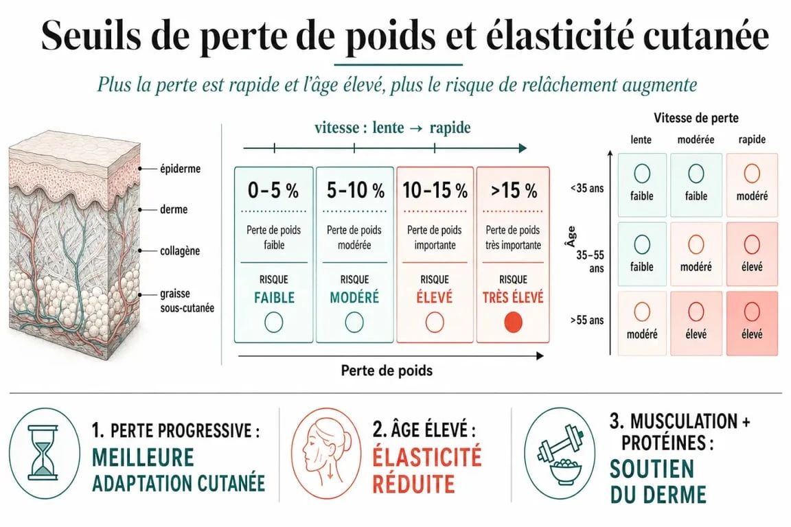 Infographie sur le seuil de perte de poids et le relâchement cutané, montrant l'impact de la vitesse de perte et de l'âge sur la peau qui pend.