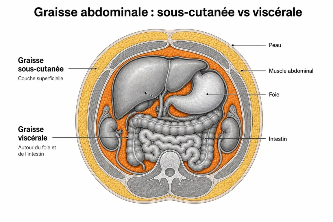 Schéma illustrant la différence entre la graisse sous-cutanée et la graisse viscérale chez l'homme pour mieux comprendre la graisse sur le ventre.
