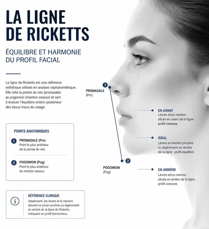 Schéma explicatif de la ligne de Ricketts pour une génioplastie avant après réussie