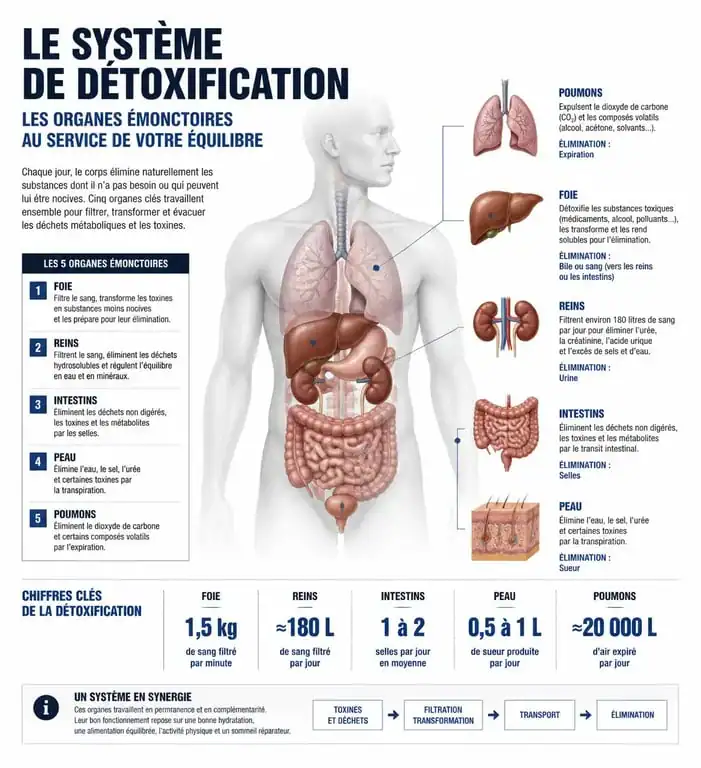 Infographie sur le processus de détoxification du corps et le rôle des organes émonctoires pour réussir une détox