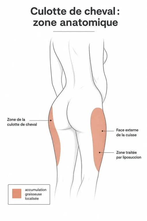 Schéma anatomique de la zone de la culotte de cheval traitée par liposuccion