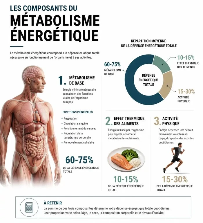 Infographie expliquant le calcul du besoin journalier en calories et les facteurs métaboliques
