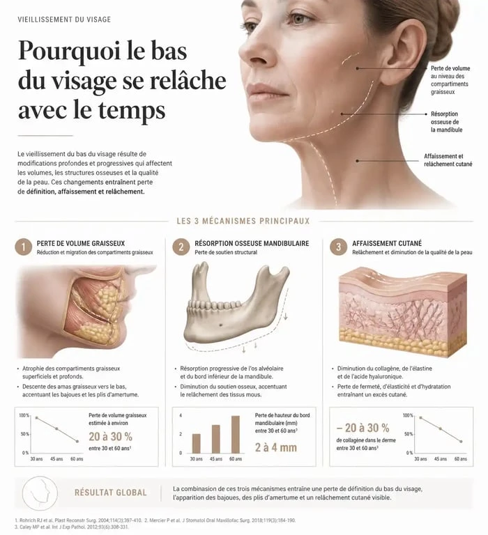 Schéma explicatif des causes du relâchement de l'ovale du visage avant après traitement esthétique