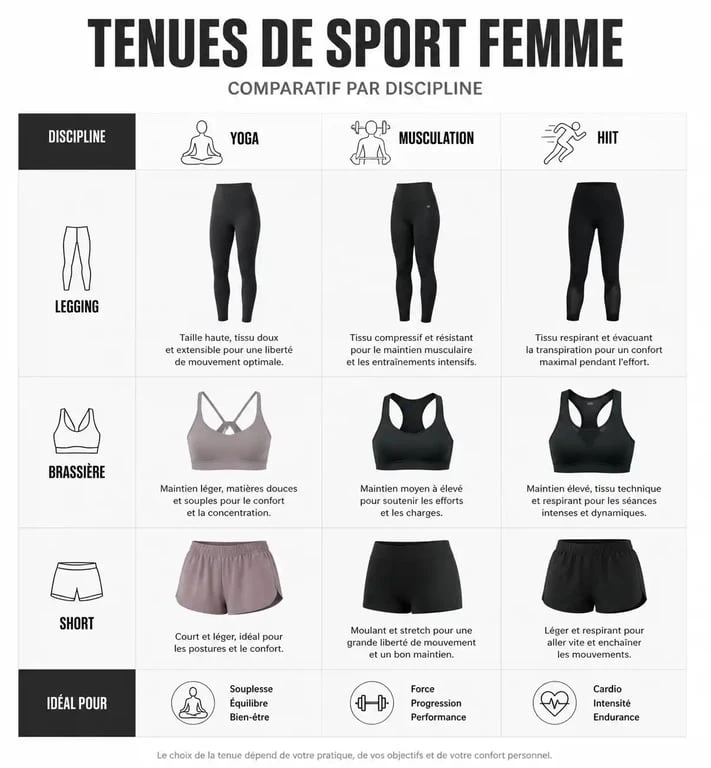 Infographie comparative des tenues de sport pour femme selon l'activité physique