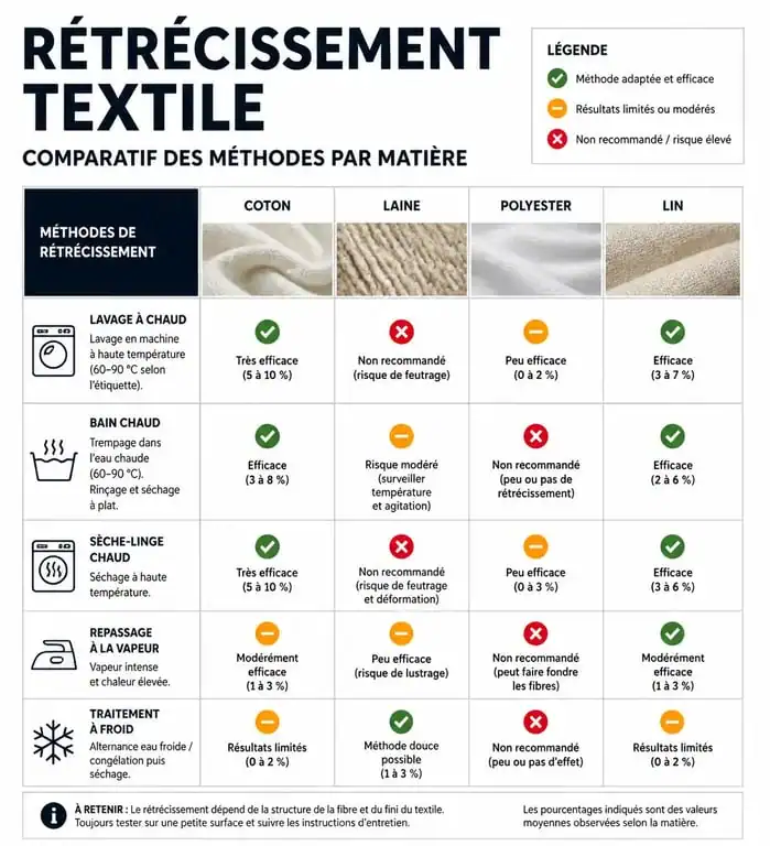 Tableau comparatif des méthodes pour rétrécir ses vêtements selon le type de tissu