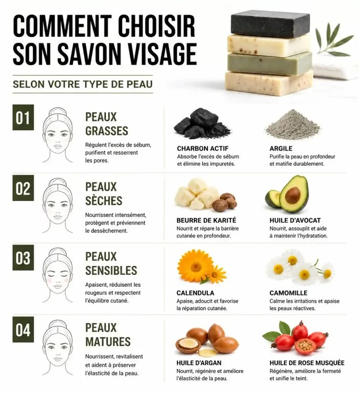 Infographie des critères pour choisir le meilleur savon pour le visage selon son type de peau