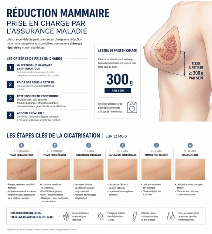 Infographie sur les critères de remboursement et l'évolution après une réduction mammaire avant apres