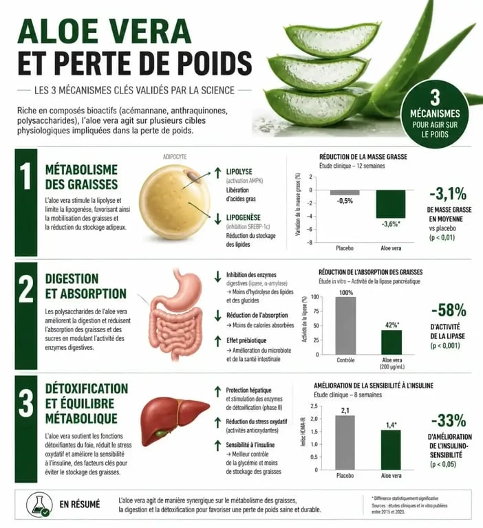 Infographie sur les bienfaits de l'aloe vera pour maigrir et son action sur le métabolisme
