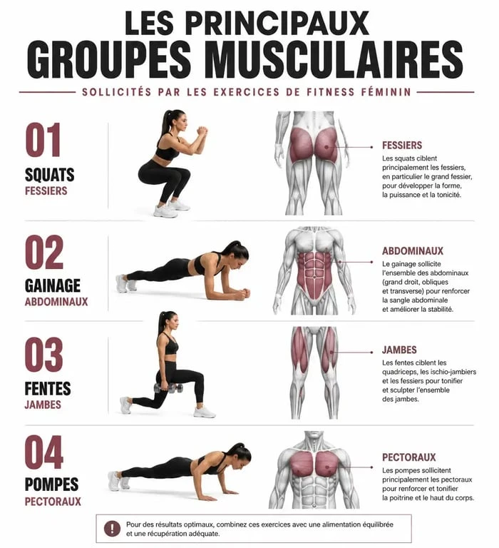 Infographie des exercices de fitness pour femmes et muscles ciblés