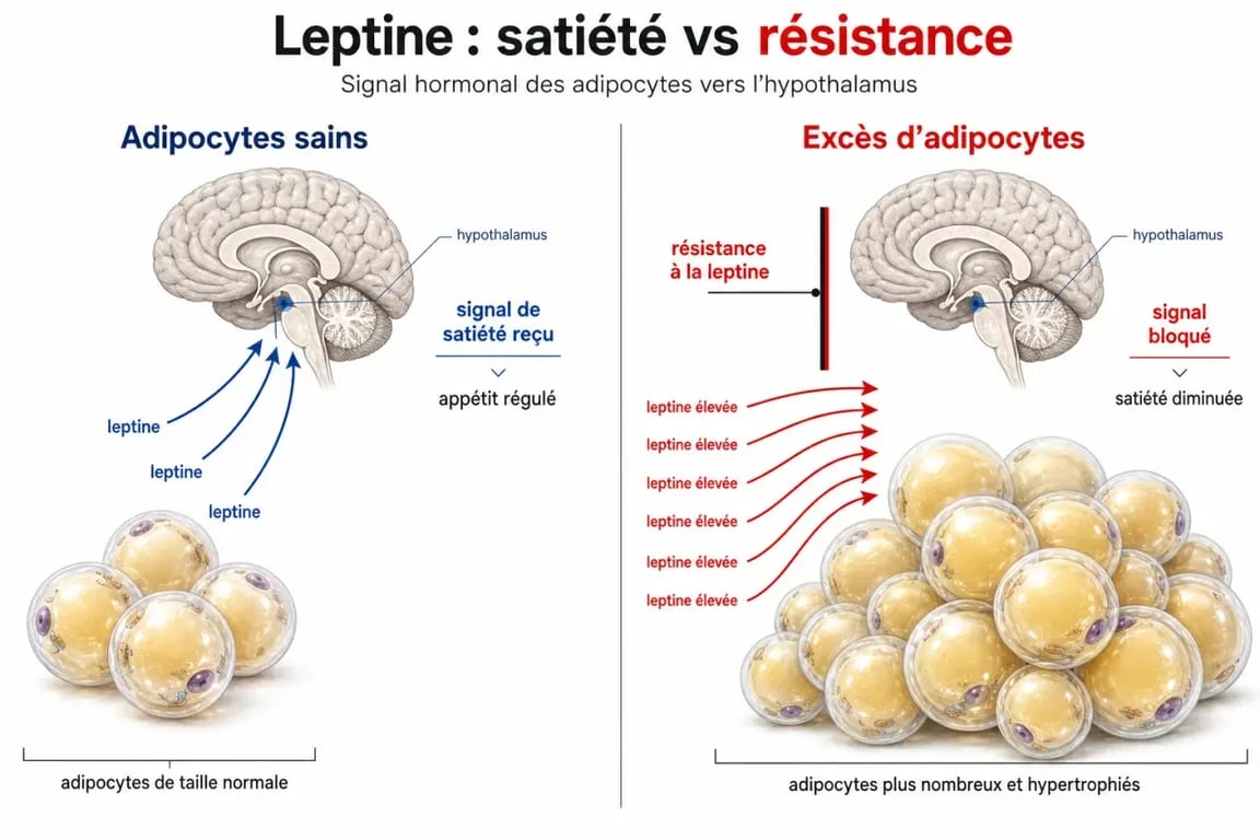 Schéma explicatif du mécanisme de la leptine pour maigrir et de la résistance à la leptine