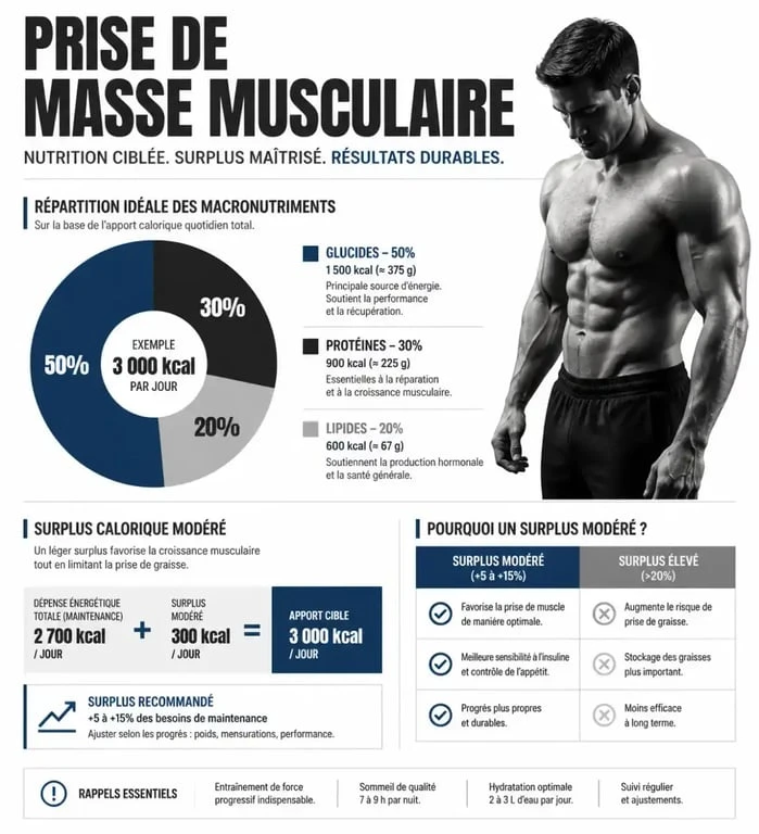Infographie sur le régime de prise de masse musculaire : répartition des macronutriments et surplus calorique