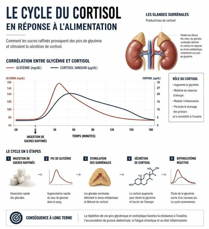 Infographie montrant le lien entre alimentation et taux de cortisol pour éviter les aliments qui augmentent le stress.