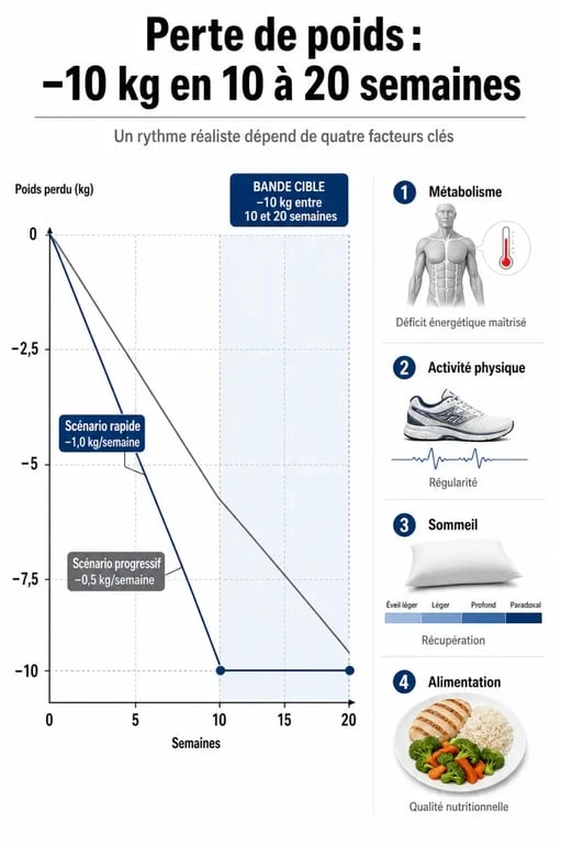 Infographie illustrant le temps nécessaire pour perdre 10 kg avec Weight Watchers et les facteurs influençant la progression.
