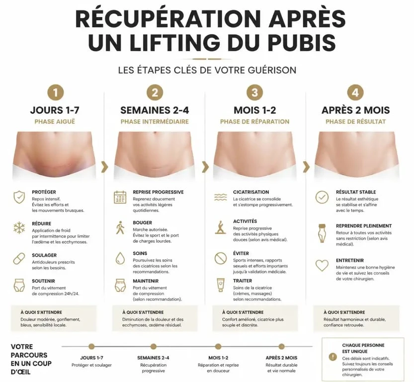 Infographie des étapes de récupération après un lifting du pubis avant après