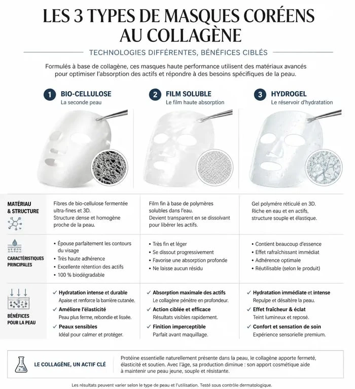 Infographie comparative des masques raffermissants au collagène coréen : bio-cellulose, film soluble et hydrogel