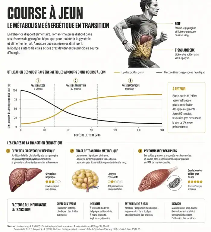 Infographie sur le métabolisme énergétique et les effets de la course le matin à jeun
