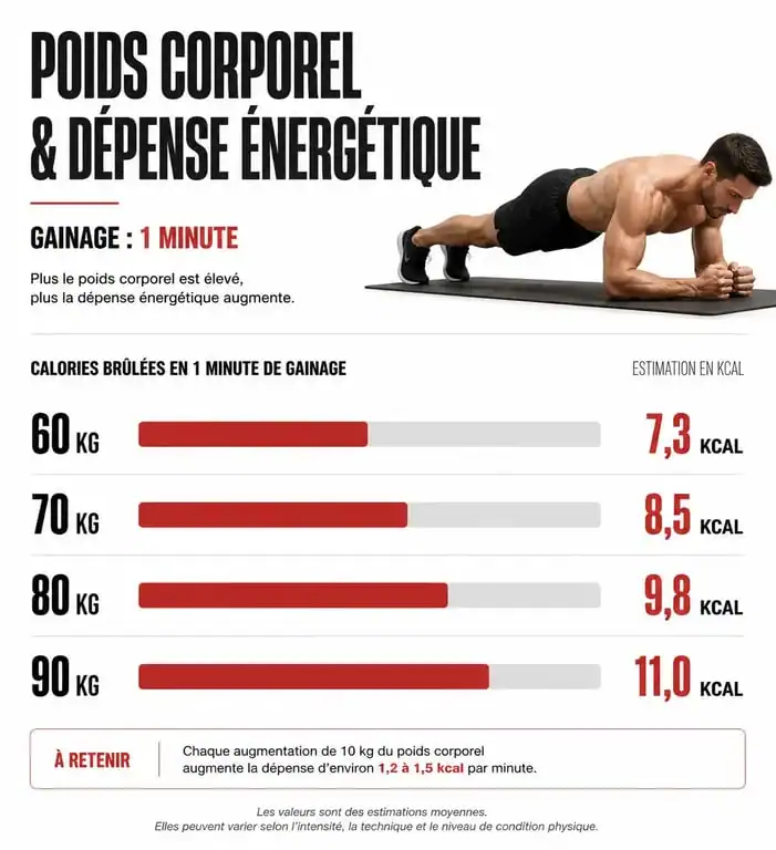 Infographie montrant la dépense calorique par minute de gainage selon le poids corporel
