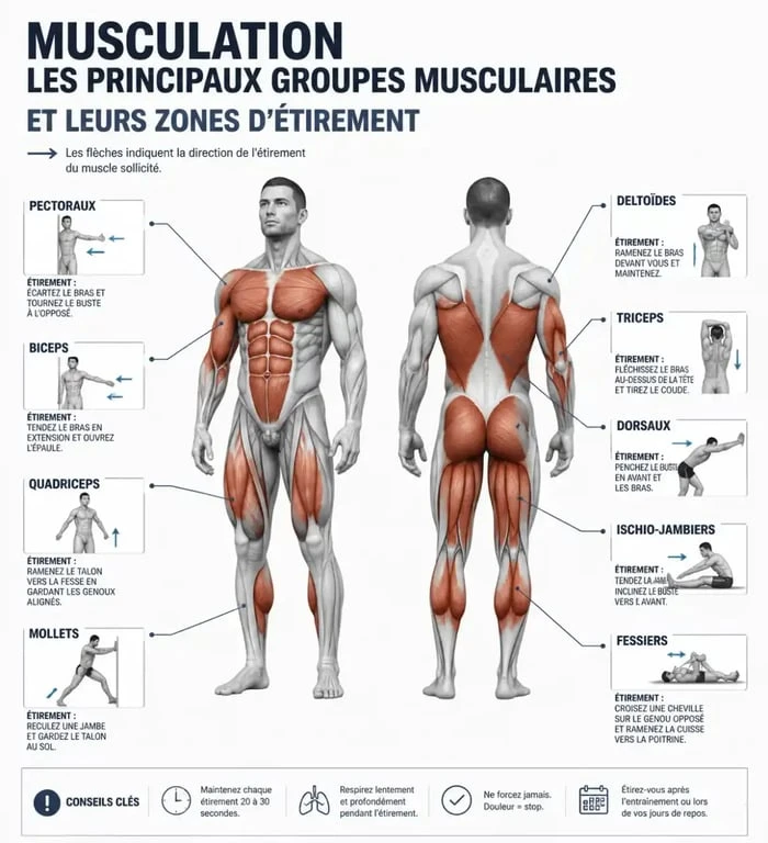 Infographie des étirements musculation pour améliorer la mobilité et prévenir les blessures