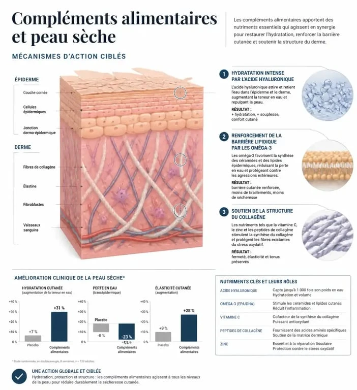 Infographie sur le mécanisme d'action des compléments alimentaires pour peau sèche et hydratation cutanée