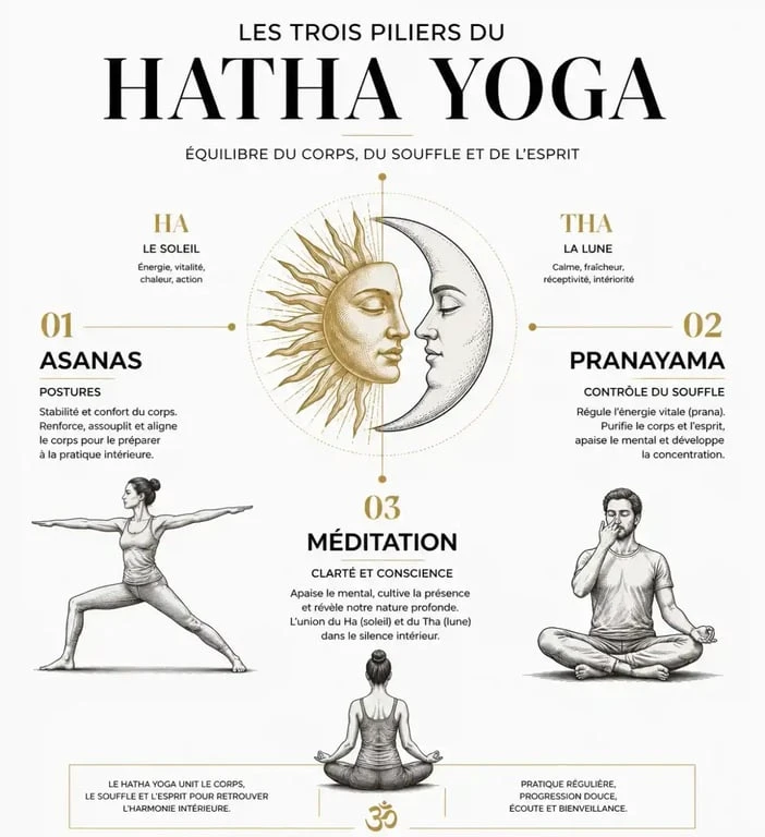 Infographie explicative des principes et piliers du hatha yoga