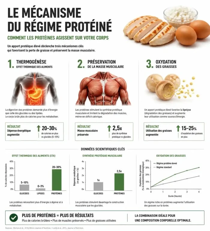 Infographie sur le fonctionnement du régime protéiné pour la perte de poids et la préservation musculaire