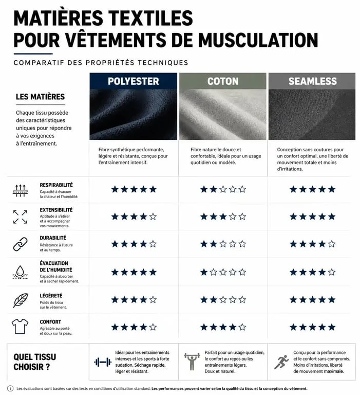 Infographie comparative des matières pour vêtements de musculation : polyester, coton et seamless pour choisir son équipement.