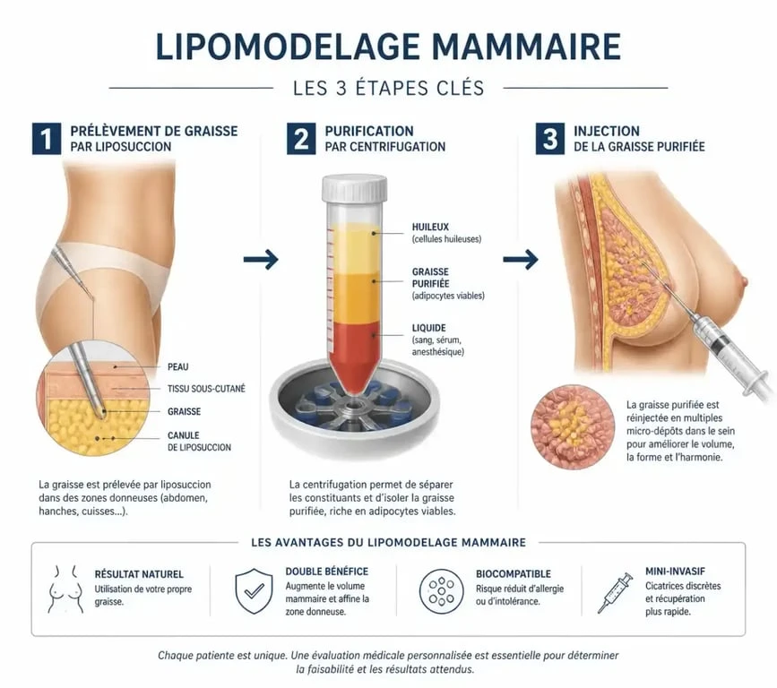 Schéma explicatif des étapes du lipomodelage mammaire : prélèvement, purification et injection de graisse autologue.