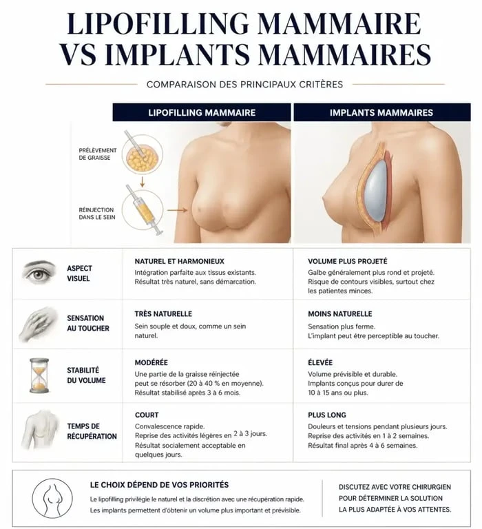 Comparatif visuel entre lipofilling mammaire et implants mammaires pour aider à choisir la meilleure option