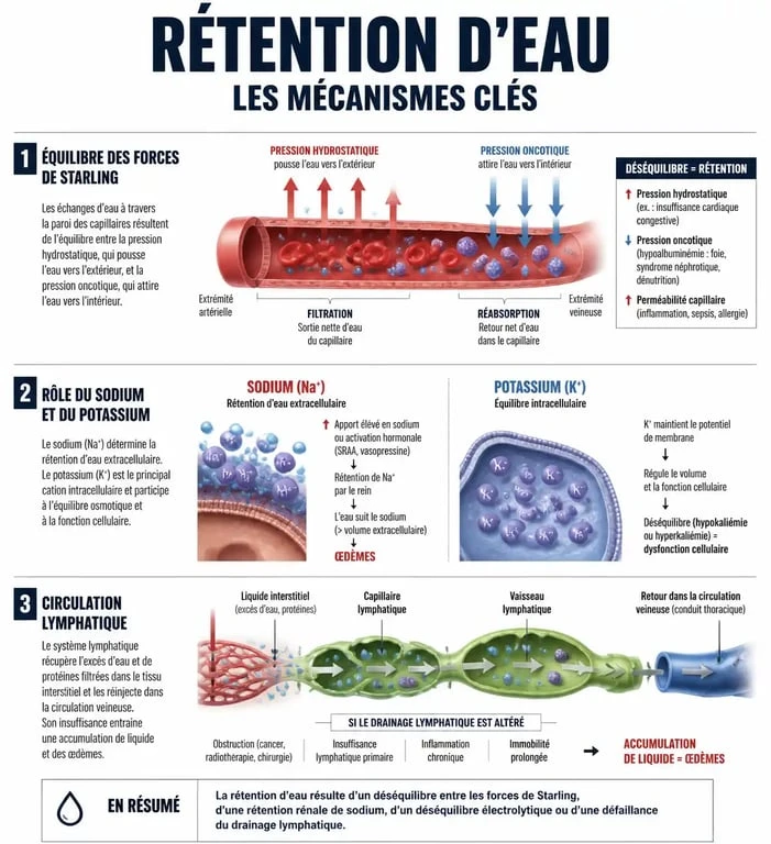 Infographie explicative sur les mécanismes physiologiques de la rétention d'eau et conseils pour lutter contre la rétention d'eau.