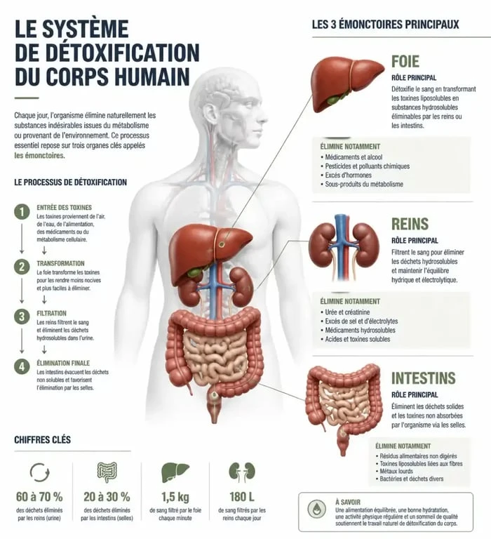 Infographie illustrant le processus de détoxification du corps et le rôle des émonctoires pour comment détoxifier son corps naturellement