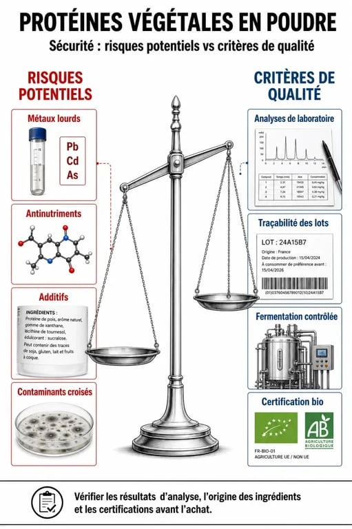 Infographie sur les critères de sécurité et les dangers potentiels des protéines végétales en poudre