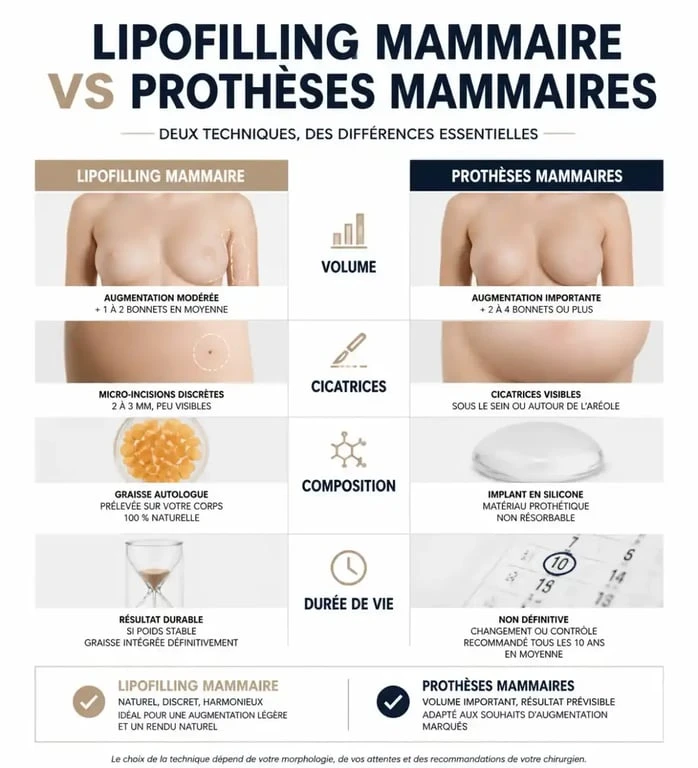 Comparatif avant après resultat lipofilling mammaire et prothèses
