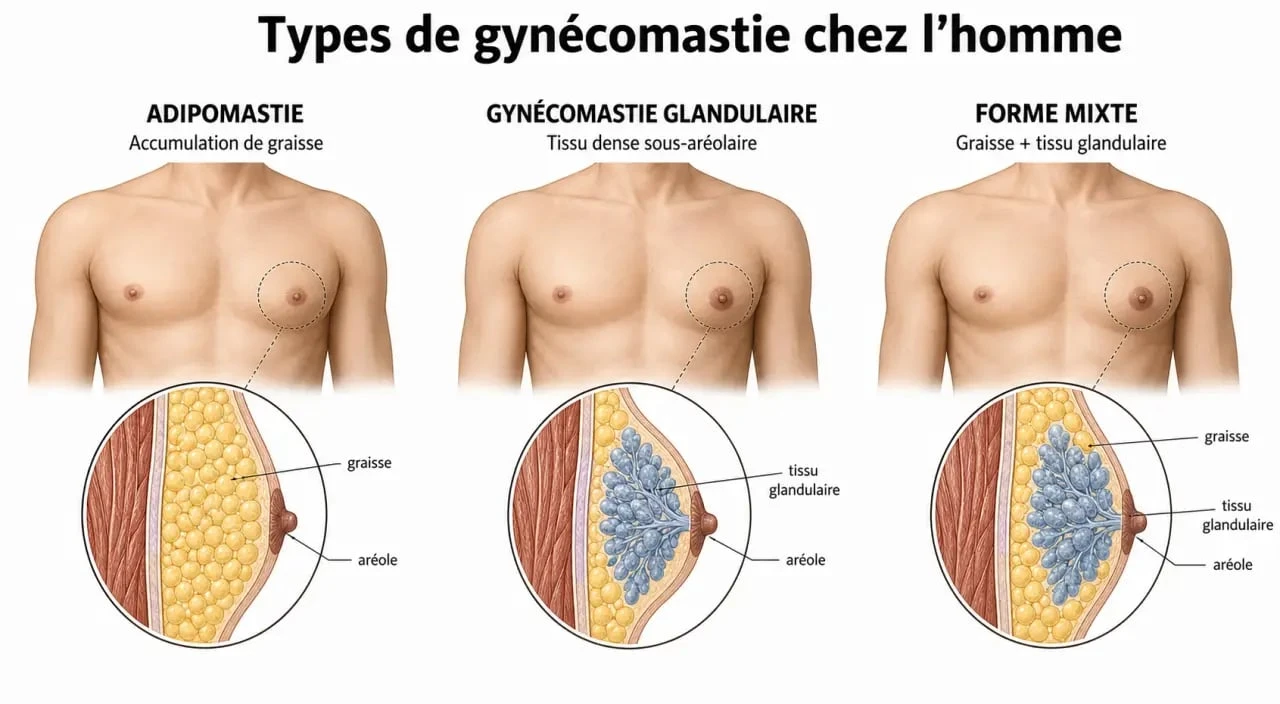 Schéma explicatif des types de gynécomastie avant après chirurgie