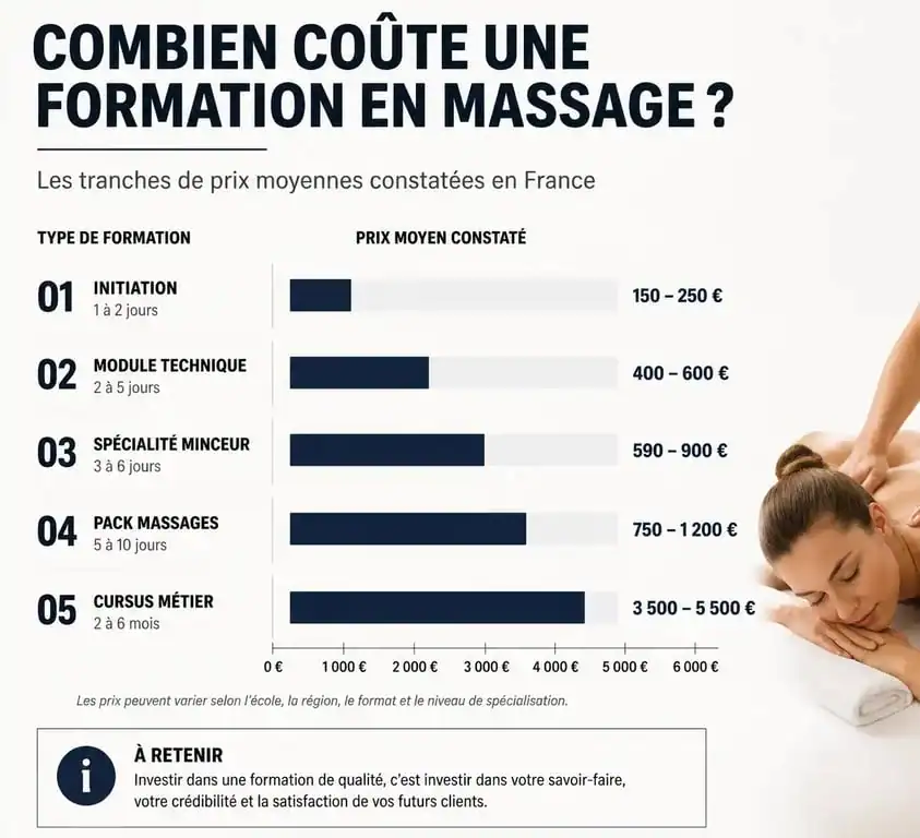 Infographie comparative des prix de formation en massage et cursus professionnel