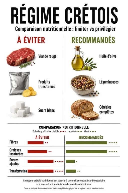 Infographie comparative des aliments interdits et recommandés dans le régime crétois pour la santé cardiovasculaire.