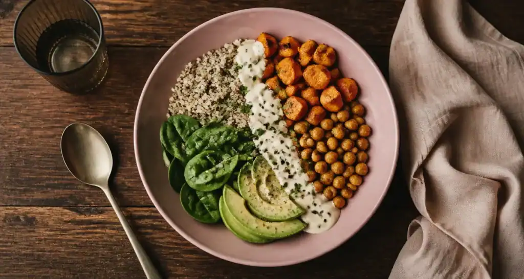 Nourriture healthy : assiette équilibrée Buddha bowl quinoa et tahini