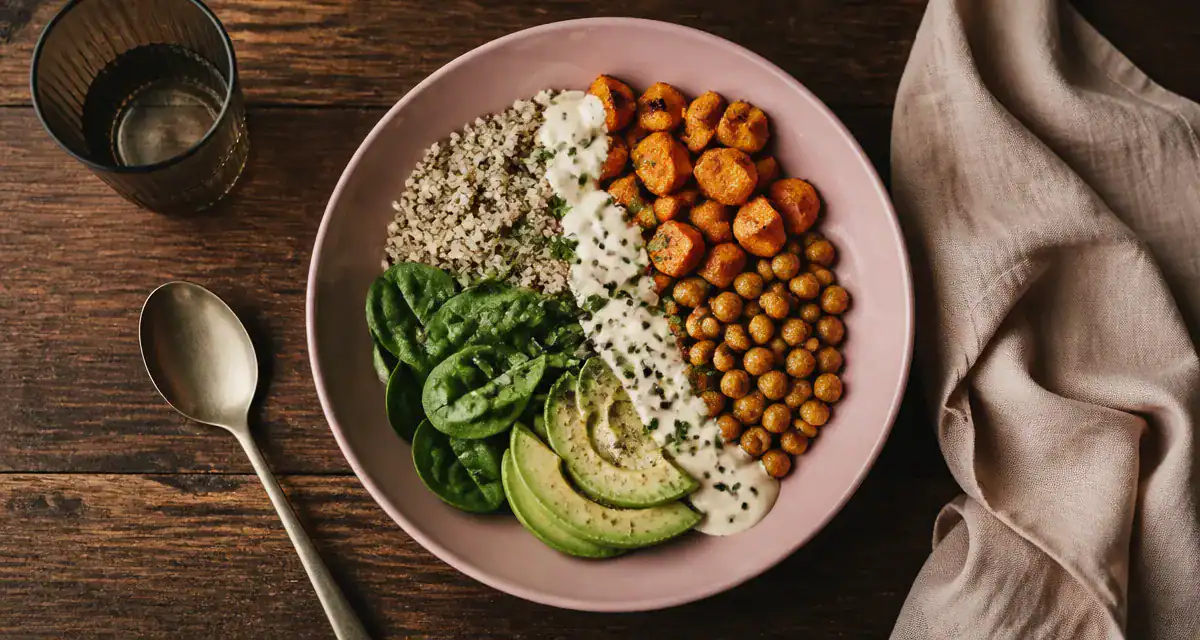Nourriture healthy : assiette équilibrée Buddha bowl quinoa et tahini