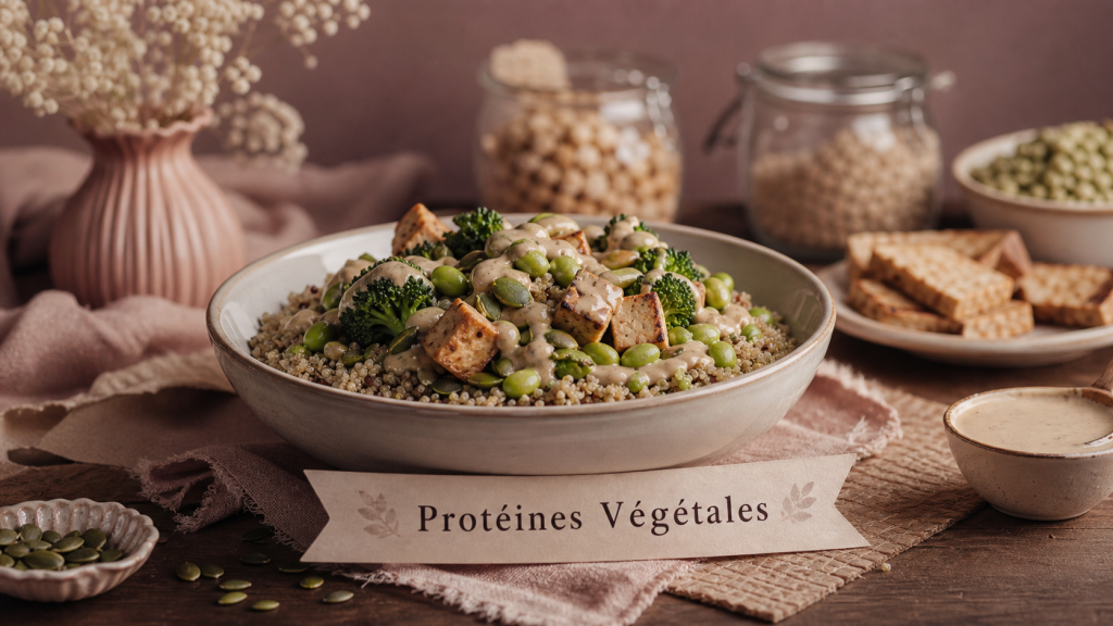 Proteines vegetales pour maigrir : bol de quinoa et tofu, brocoli, edamames