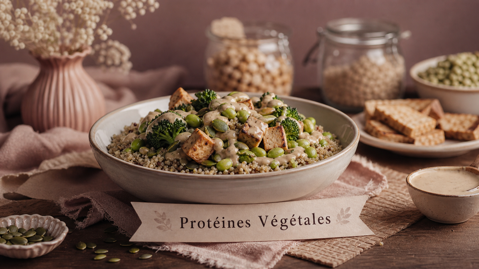 Proteines vegetales pour maigrir : bol de quinoa et tofu, brocoli, edamames