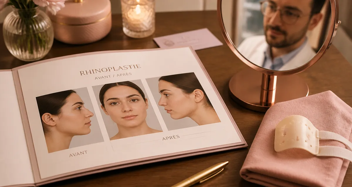 Rhinoplastie avant et apres : planche avant/après à 12 mois, profil et face