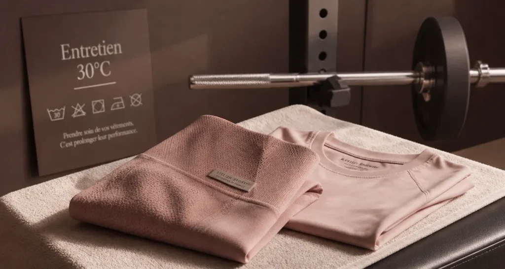 Vêtement musculation : legging et t-shirt en salle de sport, coupe et lavage à 30°C