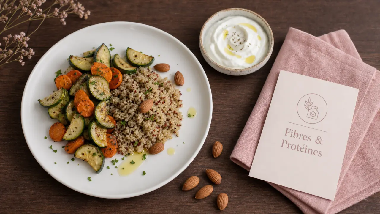 Aliment pour perdre le ventre : assiette fibres et protéines, skyr et quinoa
