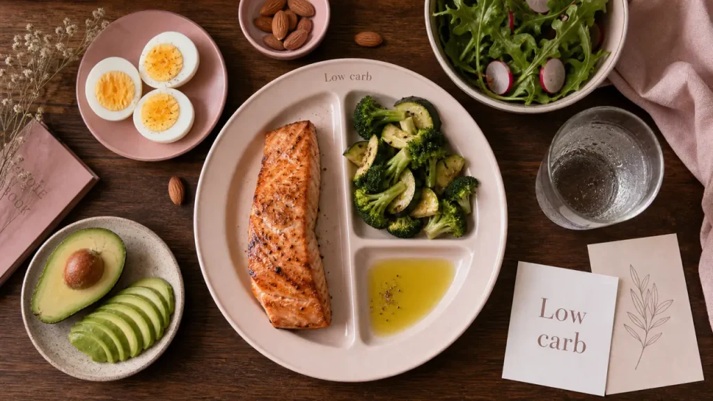 Aliments pauvre en glucide low carb et keto (saumon, brocoli, œufs, avocat).