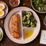 Aliments pauvre en glucide low carb et keto (saumon, brocoli, œufs, avocat).