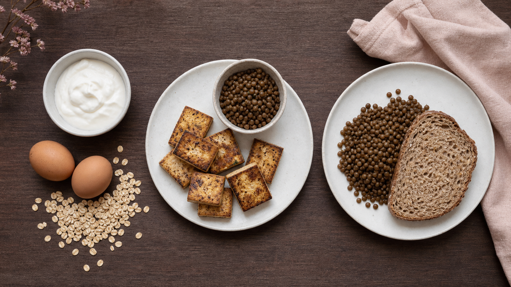 Comment manger 60 g de proteine par jour : assiette avec yaourt, œufs, tofu et lentilles